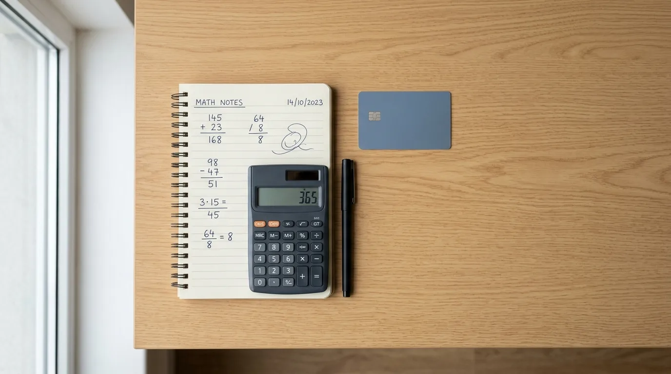 Calculator, notepad, and credit card on a desk showing balance transfer math