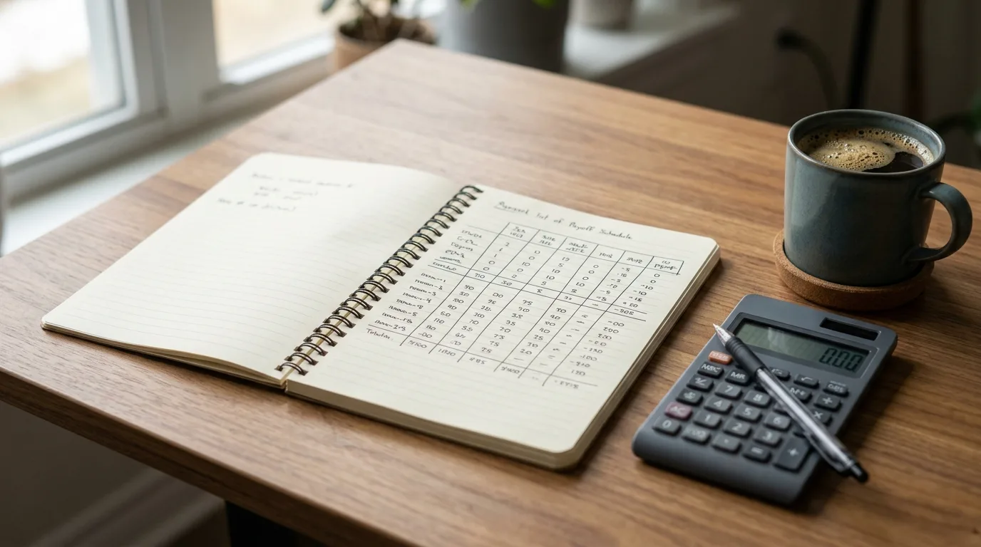 Notebook with a payoff schedule beside a calculator