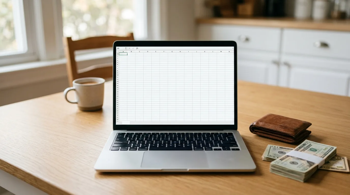 Laptop and wallet on a kitchen table during budgeting
