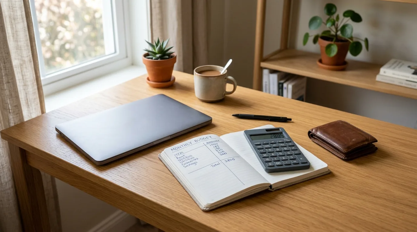 Desk with a laptop, a notebook with a budget, and a wallet representing planning ahead for a job change
