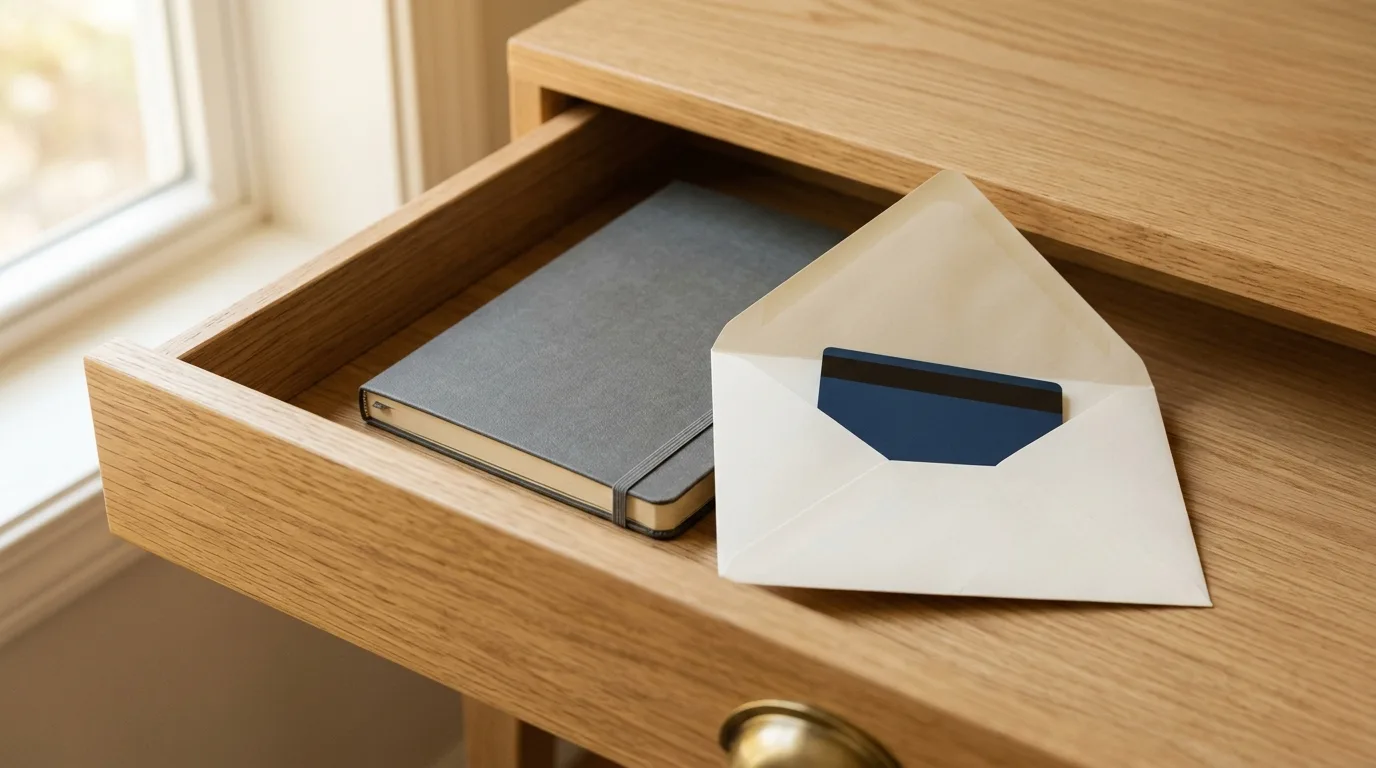 A sealed envelope and a credit card stored in a desk drawer