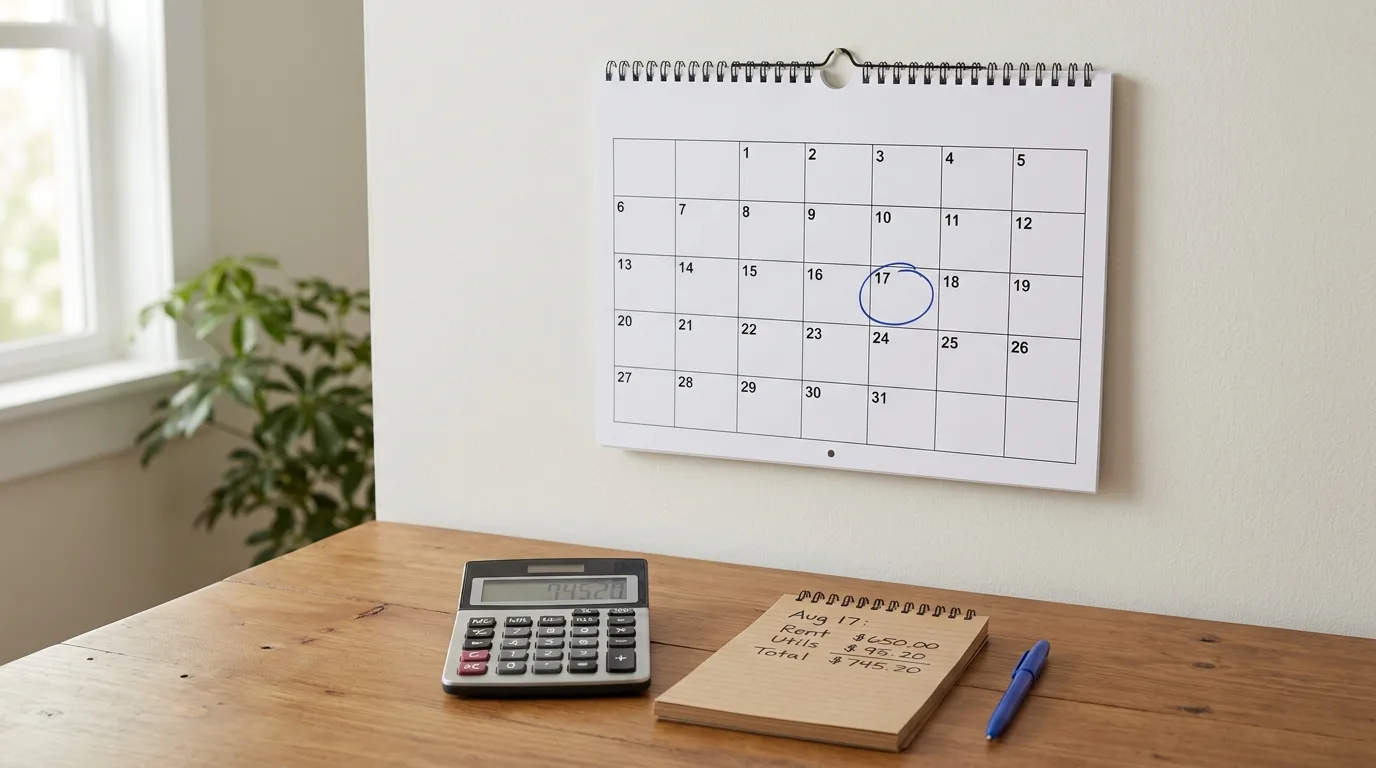 A wall calendar with a date circled next to a calculator and a notepad