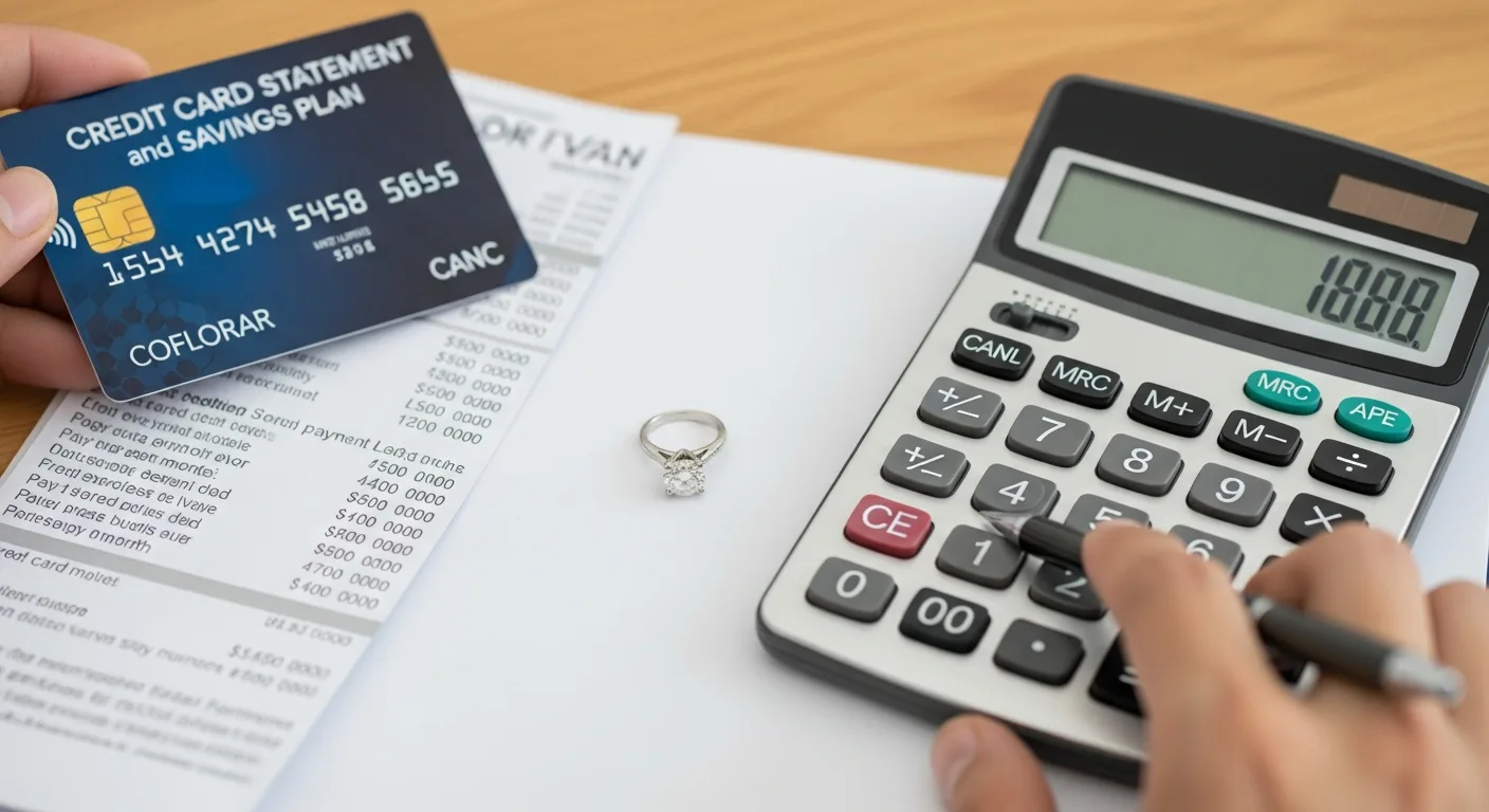 A diamond engagement ring resting on a wooden desk next to a credit card and a calculator