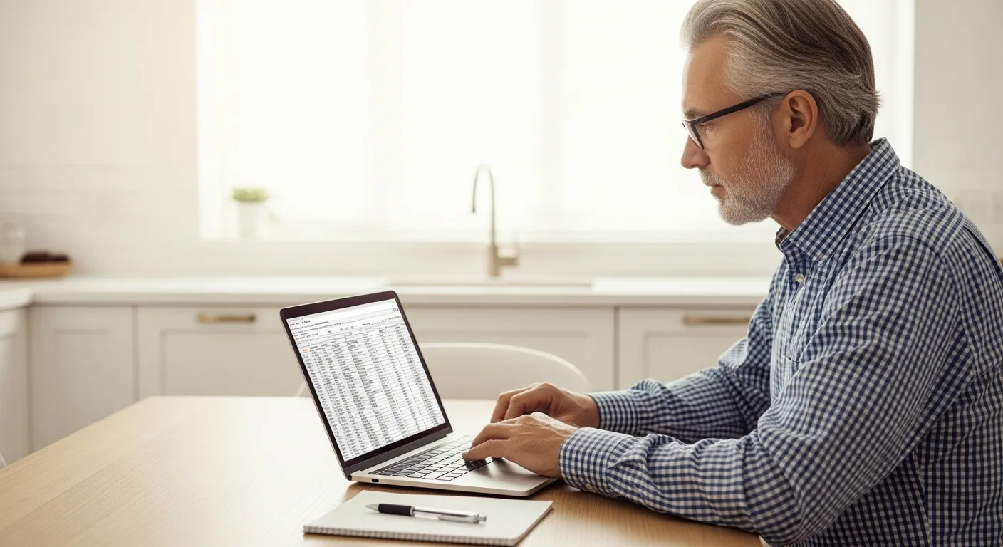 A man reviewing a credit card statement on a laptop at a kitchen table with a notepad and pen