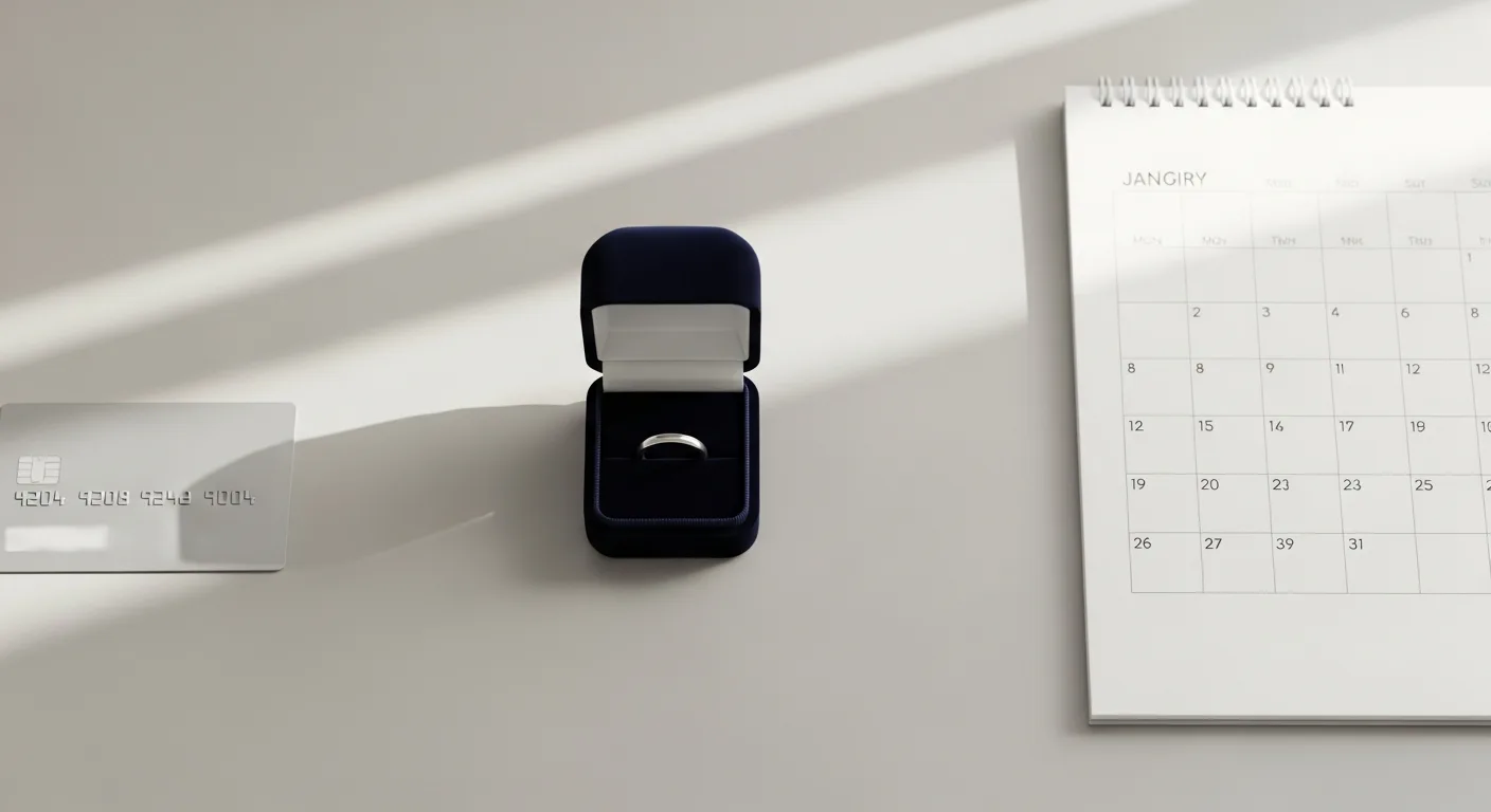 A small velvet ring box sitting on a desk next to a credit card and a monthly calendar