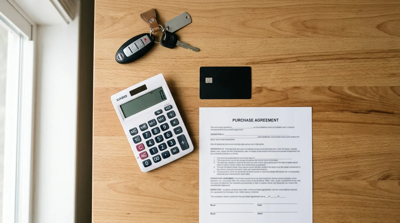Car keys, a calculator, and a credit card on a desk beside a purchase agreement
