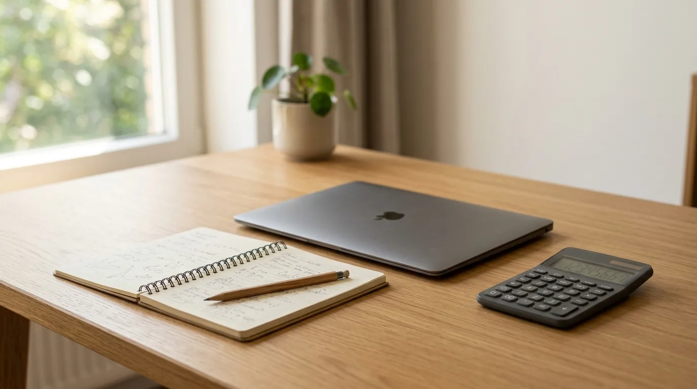 Calculator and notebook with a handwritten payoff plan beside a laptop