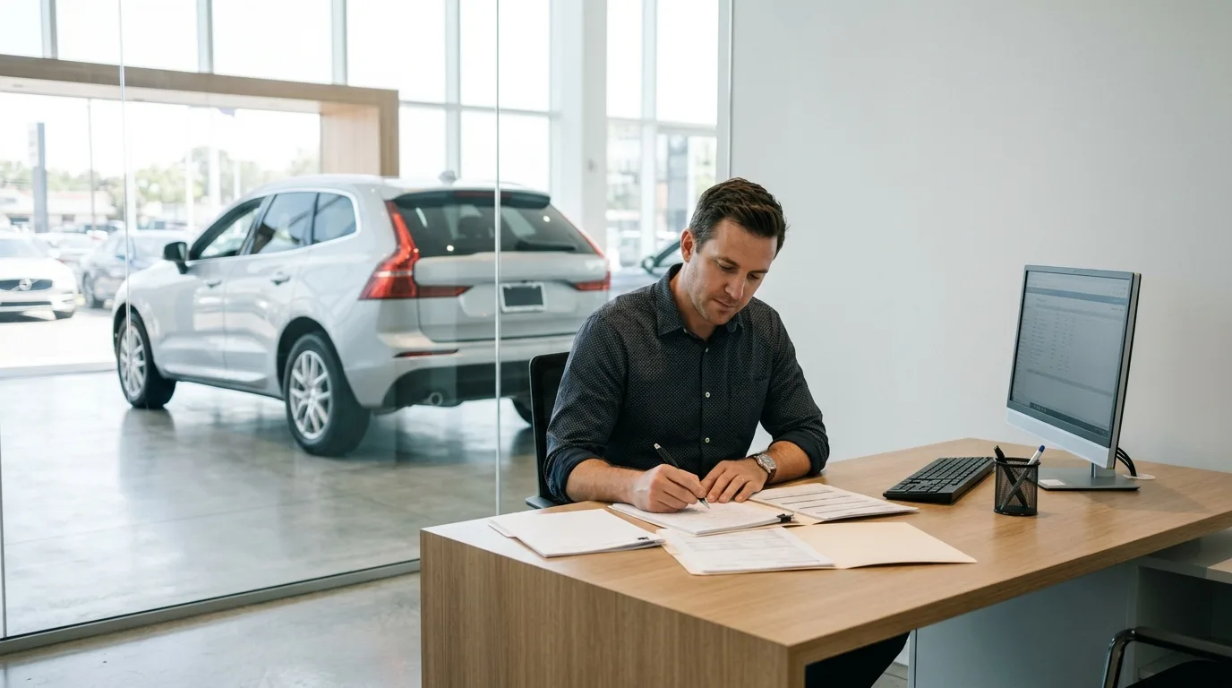 Adult man reviewing paperwork at a car dealership desk
