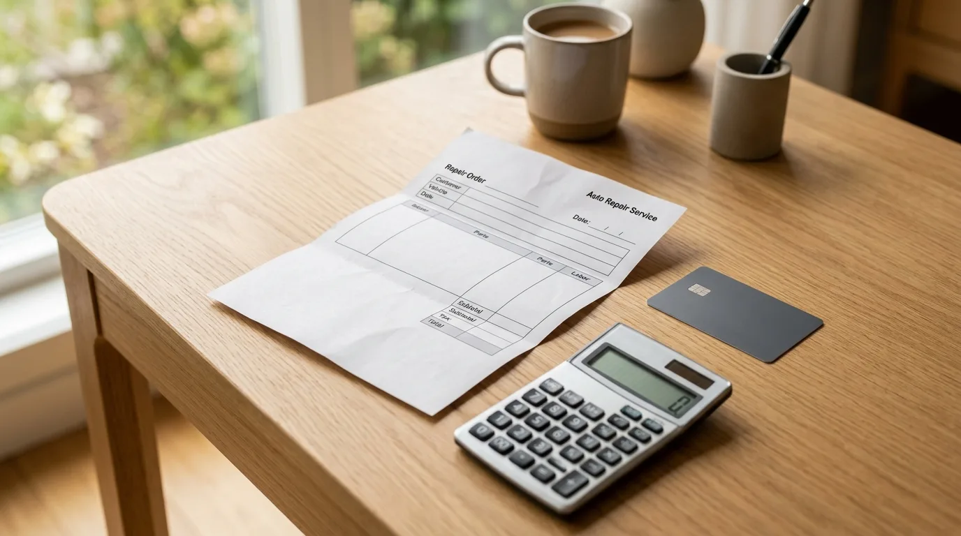 A mechanic's repair invoice next to a credit card and calculator on a desk