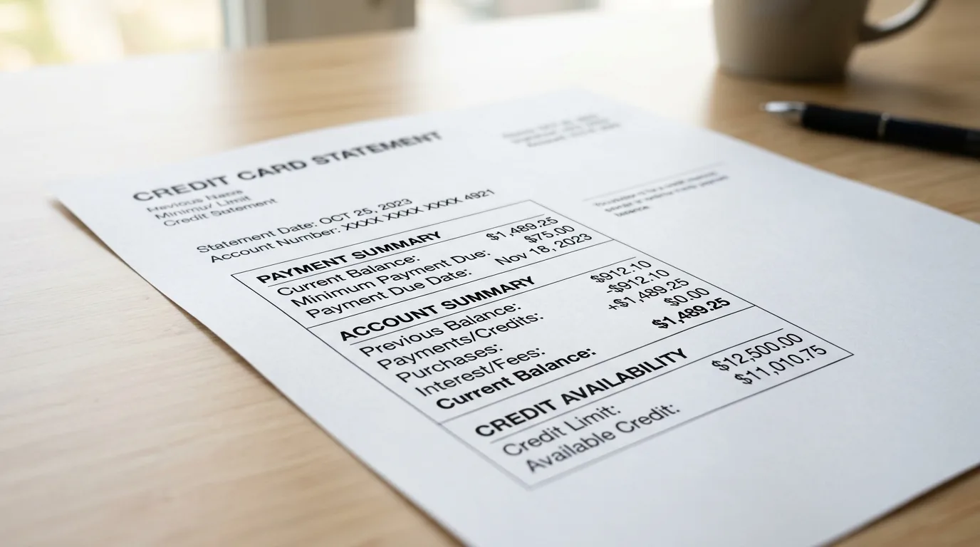 Close-up of a credit card statement showing a balance and credit limit
