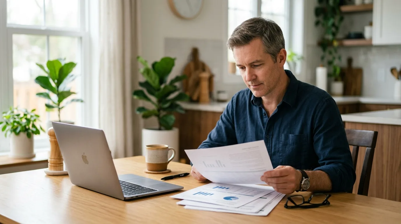 An adult man reviewing paperwork and a laptop at a kitchen table