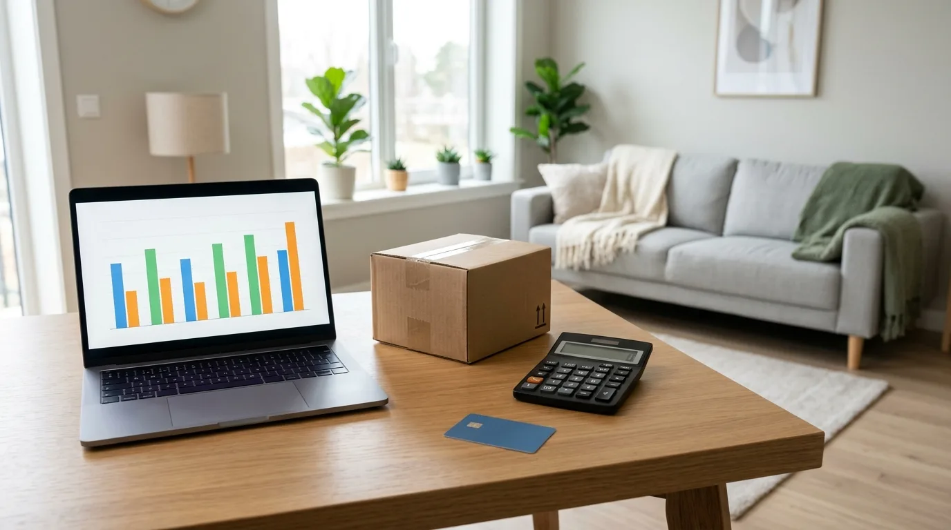 A moving box next to a laptop and credit card on a table with new furniture in the background