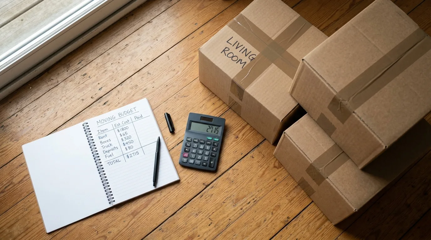 A calculator and notebook with a monthly budget sketch next to a stack of moving boxes