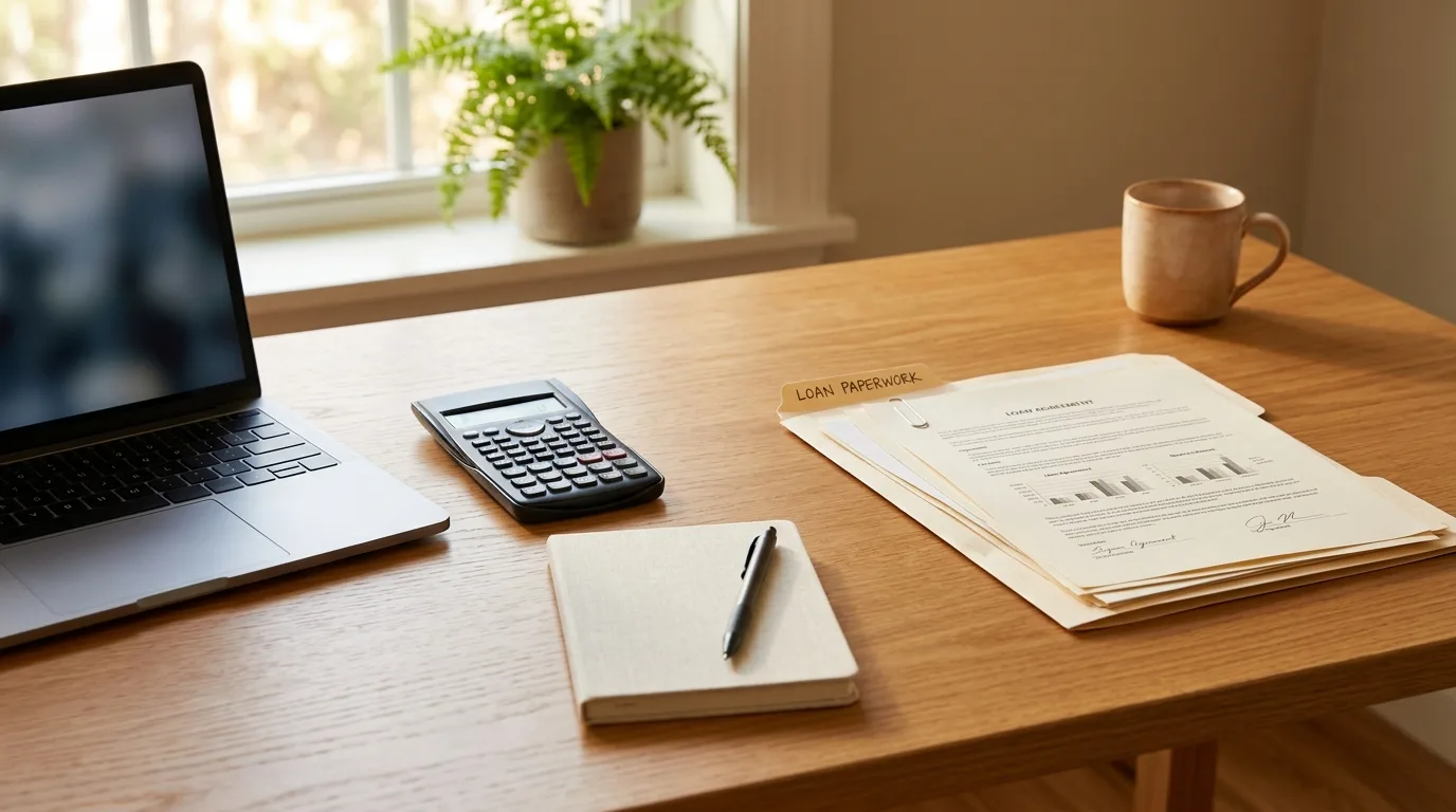 Desk with a laptop, calculator, and loan paperwork representing planning for a mortgage