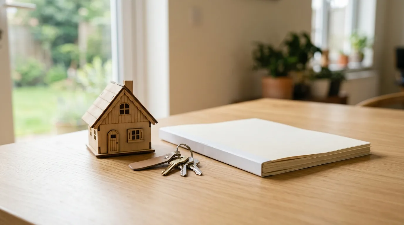 Small house model next to a stack of documents and keys