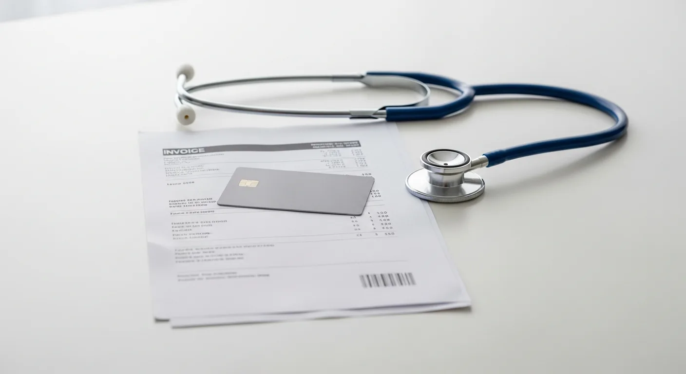 A stethoscope resting beside a credit card and a printed medical bill on a clean desk