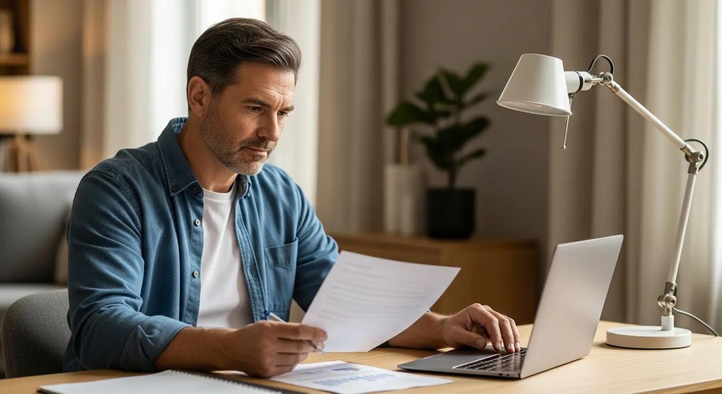 A man reviewing a medical bill and typing on a laptop at a home desk