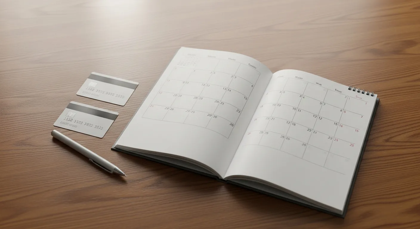 A calendar and a credit card placed next to a pen on a wooden desk
