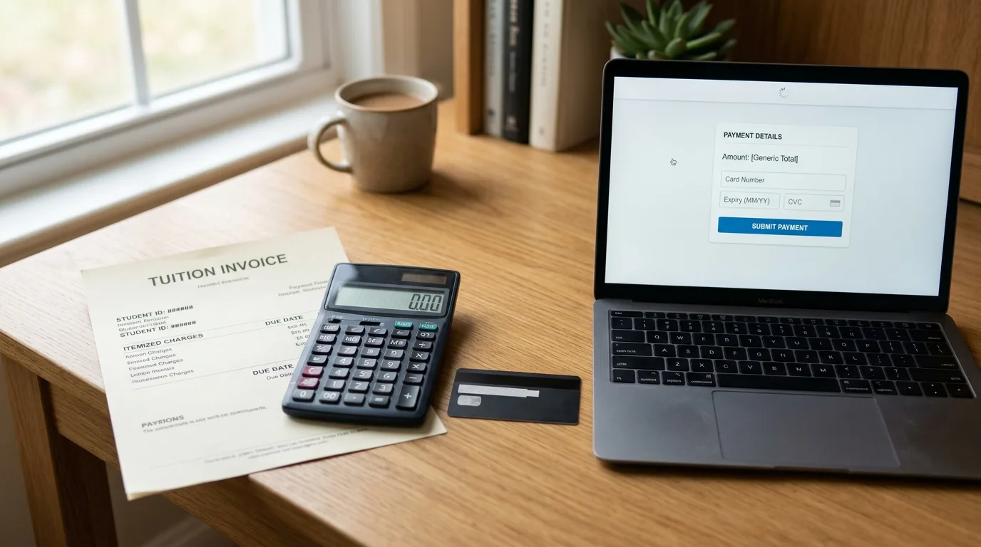 A tuition bill, calculator, and credit card sitting on a desk next to a laptop showing a payment portal