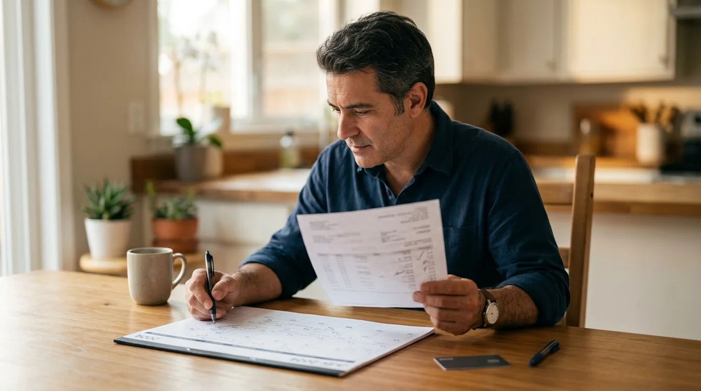An adult man reviewing a credit card statement and a payoff calendar at a kitchen table
