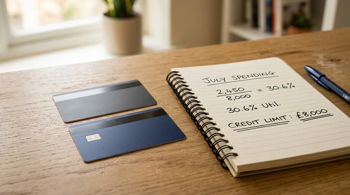Two credit cards side by side with a notepad showing utilization math