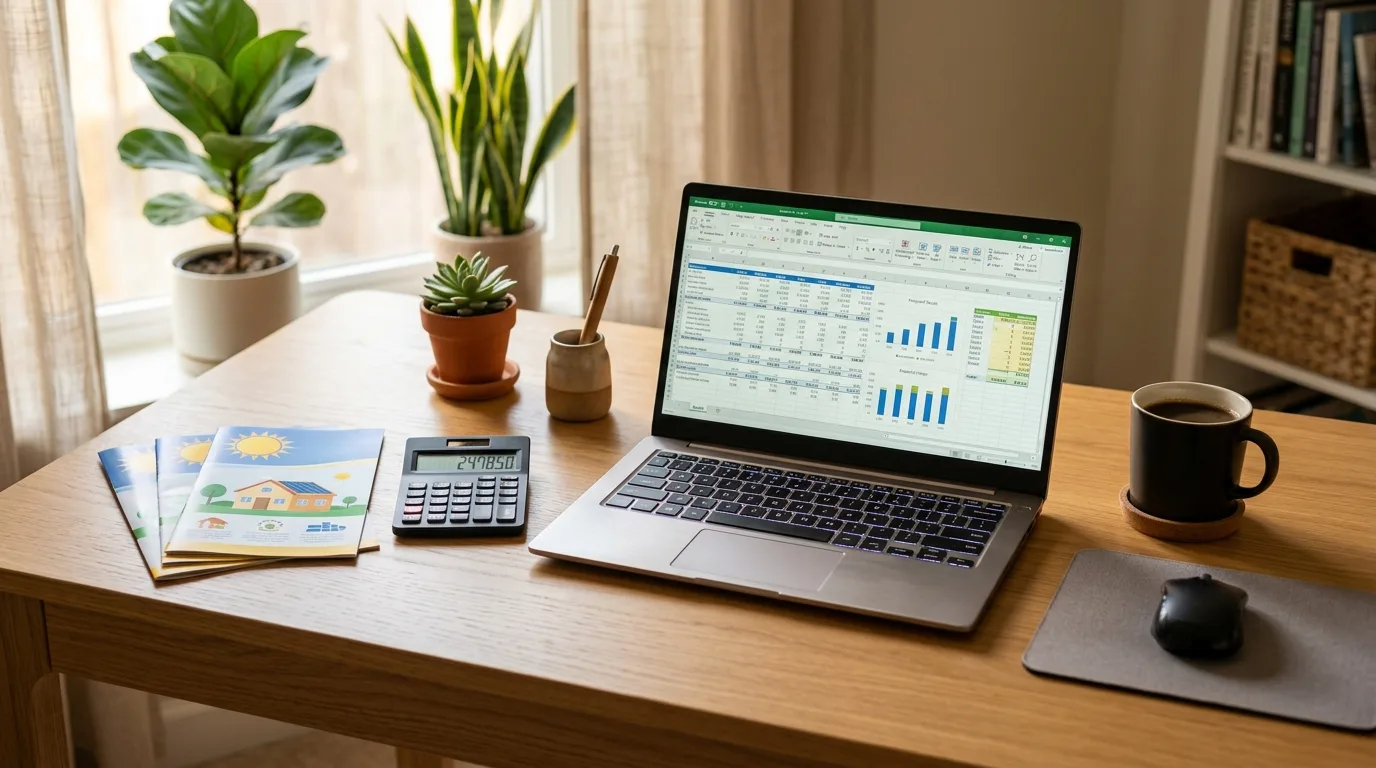 A homeowner reviewing solar panel and HELOC paperwork at a kitchen table with a laptop and calculator