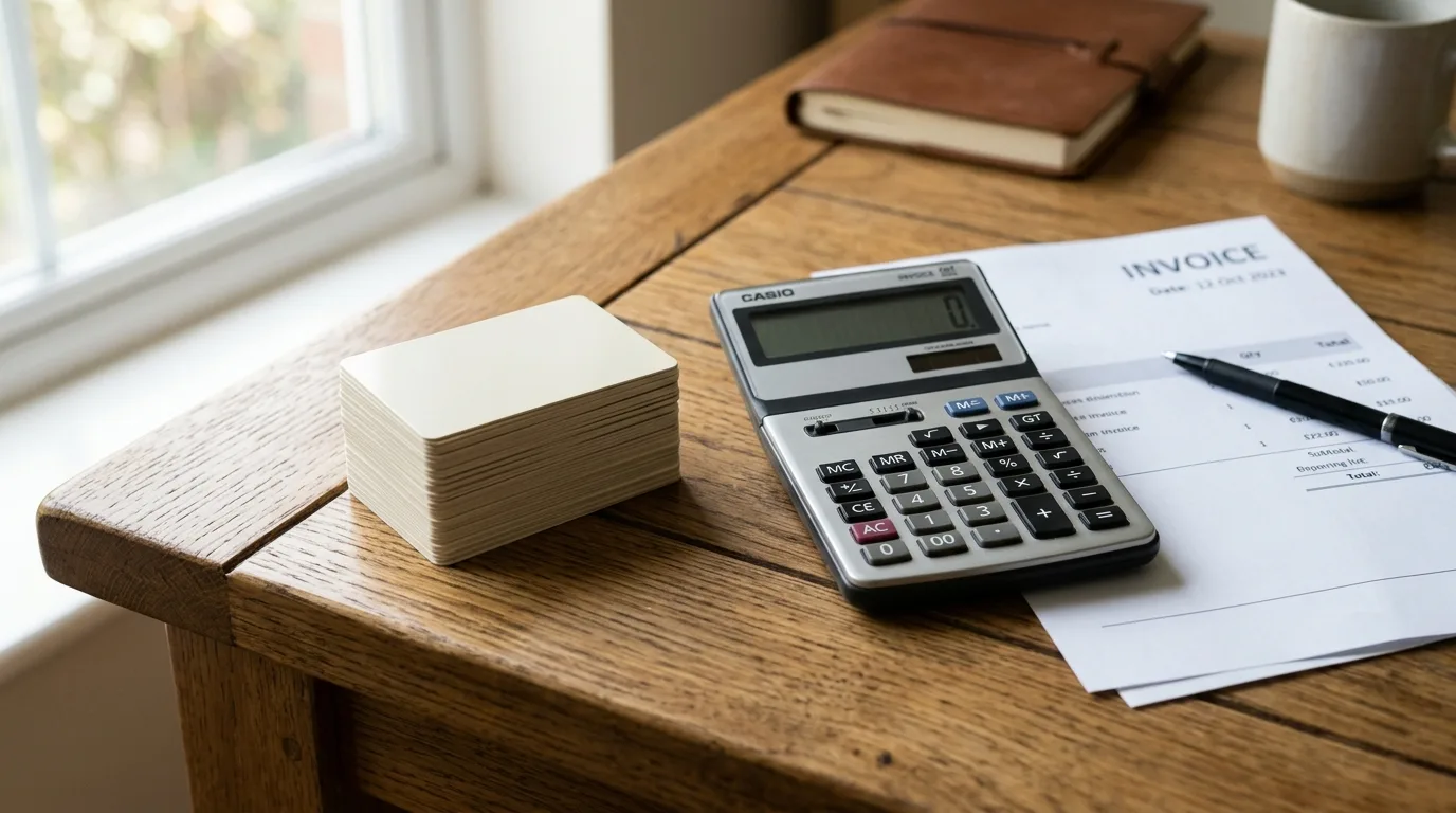 Stack of several credit cards next to a calculator and a solar installation invoice