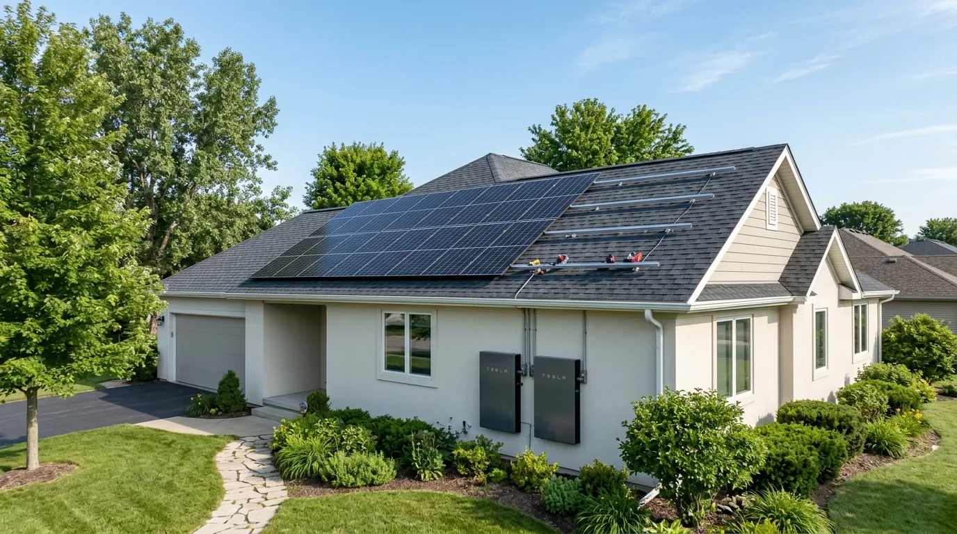 Solar panels being installed on a residential roof with a battery unit visible on the side of the house