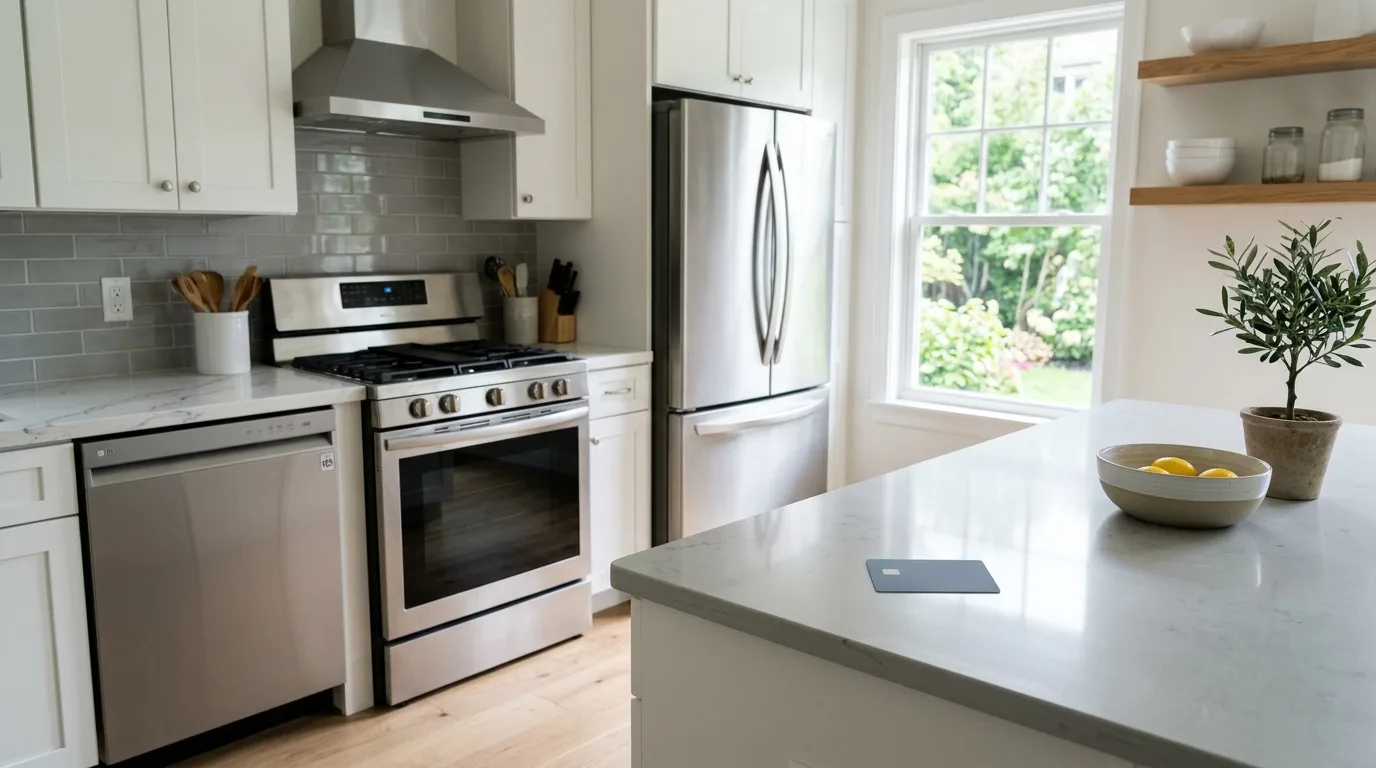 Modern kitchen with new stainless steel appliances and a credit card on the counter