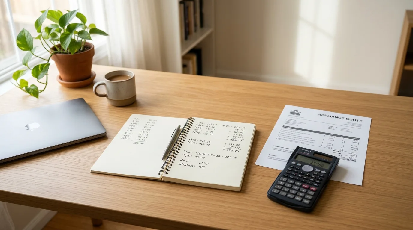 Desk with a calculator, notebook and appliance quote