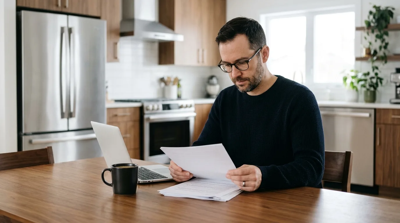 Man reviewing paperwork at a kitchen table