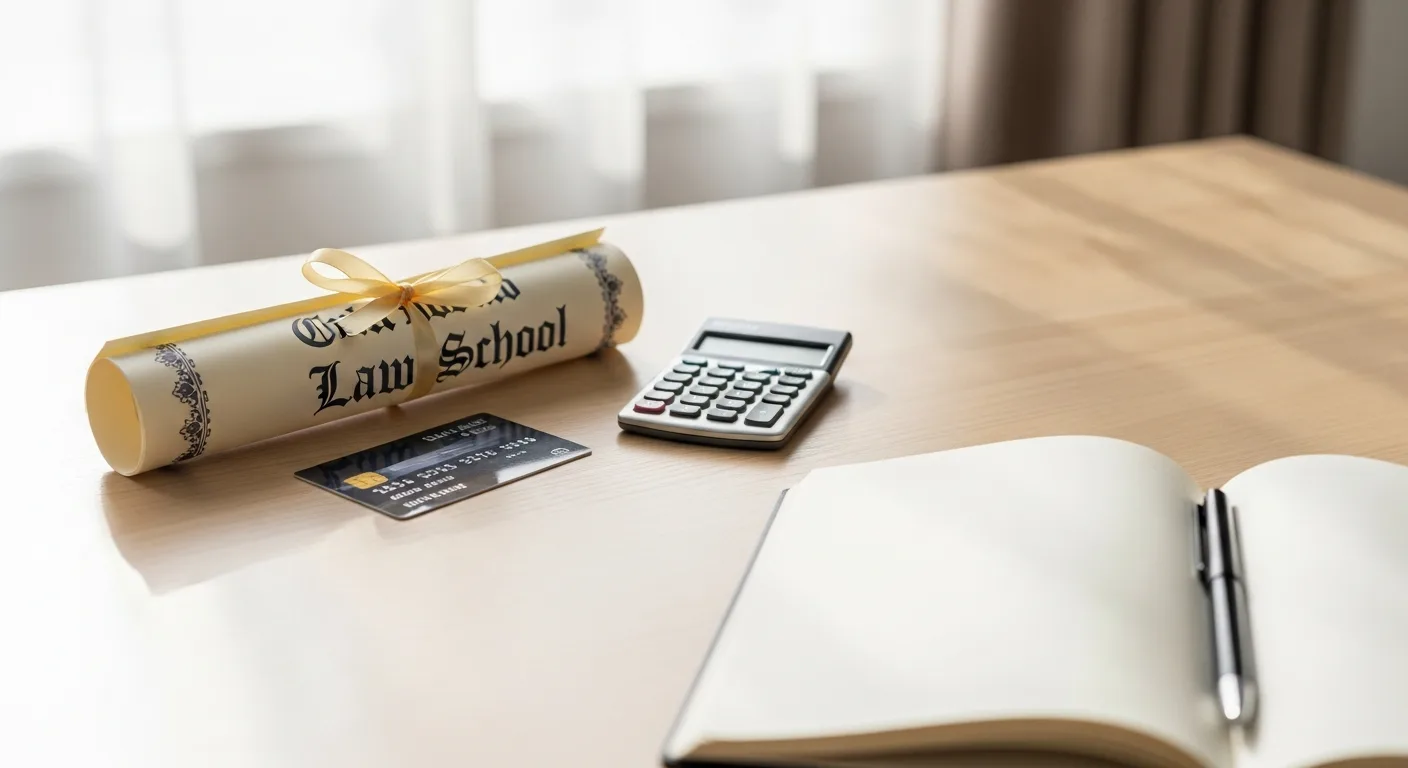 A law school diploma and a credit card on a clean wooden desk beside a calculator and notebook