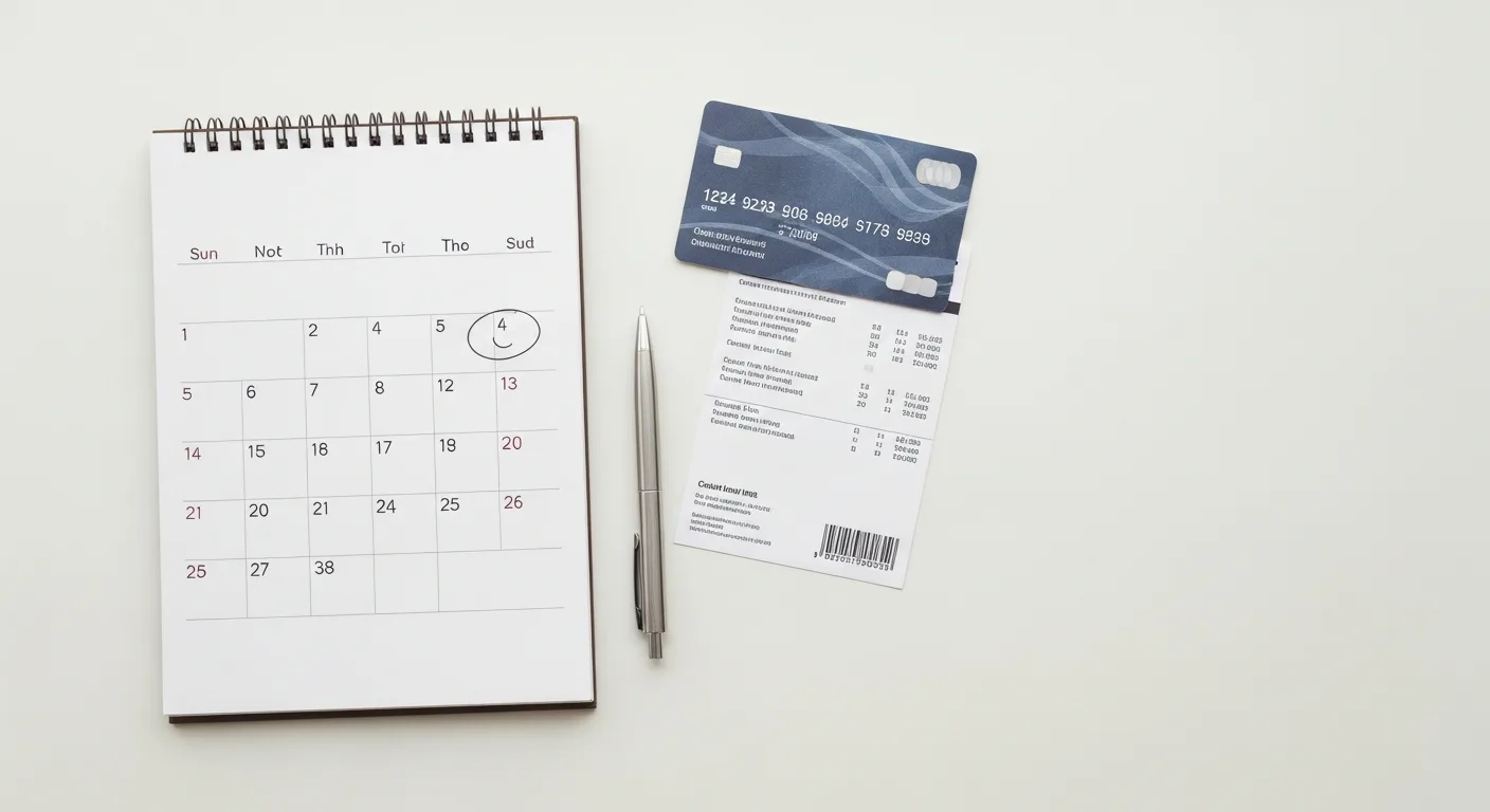 A calendar marked with a start date and a credit card statement on a desk