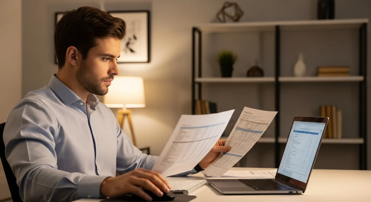 An adult man reviewing financial documents and a laptop at a home office desk