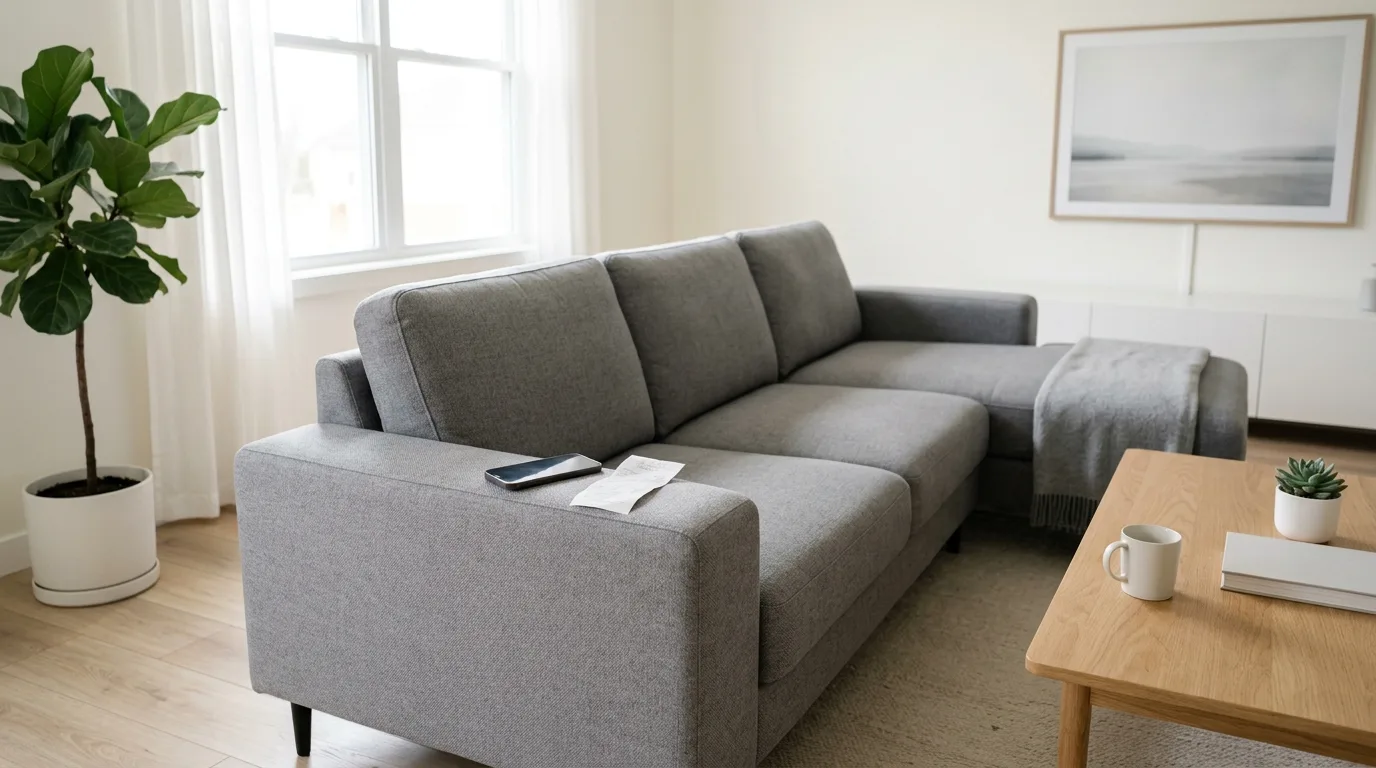 A new couch in a bright living room with a receipt on the armrest