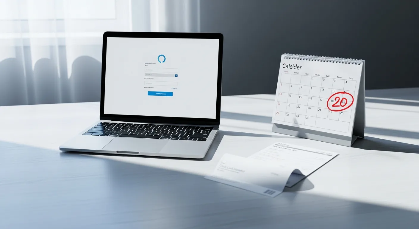 Calendar with circled deadline date next to a credit card statement and laptop