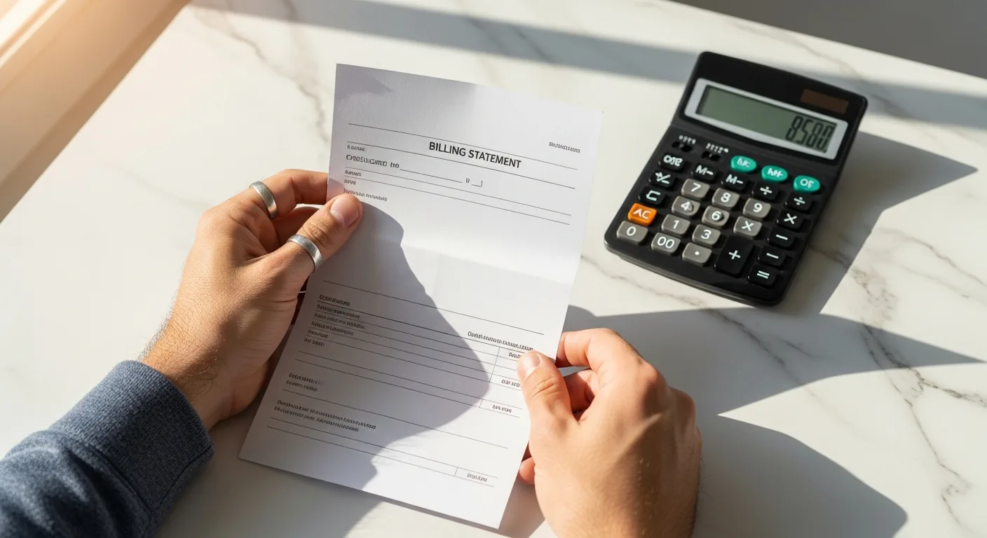 Man's hands reviewing a billing statement with a calculator