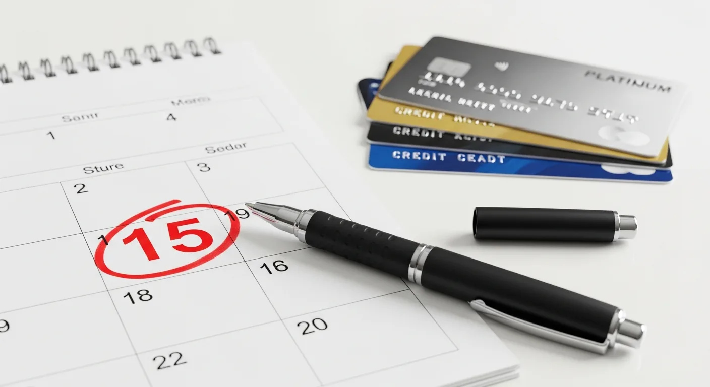 Calendar with circled date next to credit cards and a pen