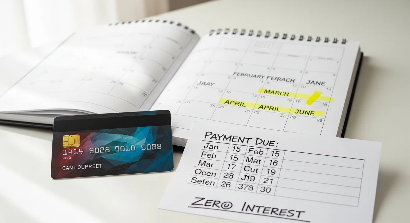 Credit card beside a calendar and payment schedule on a white desk, zero interest concept