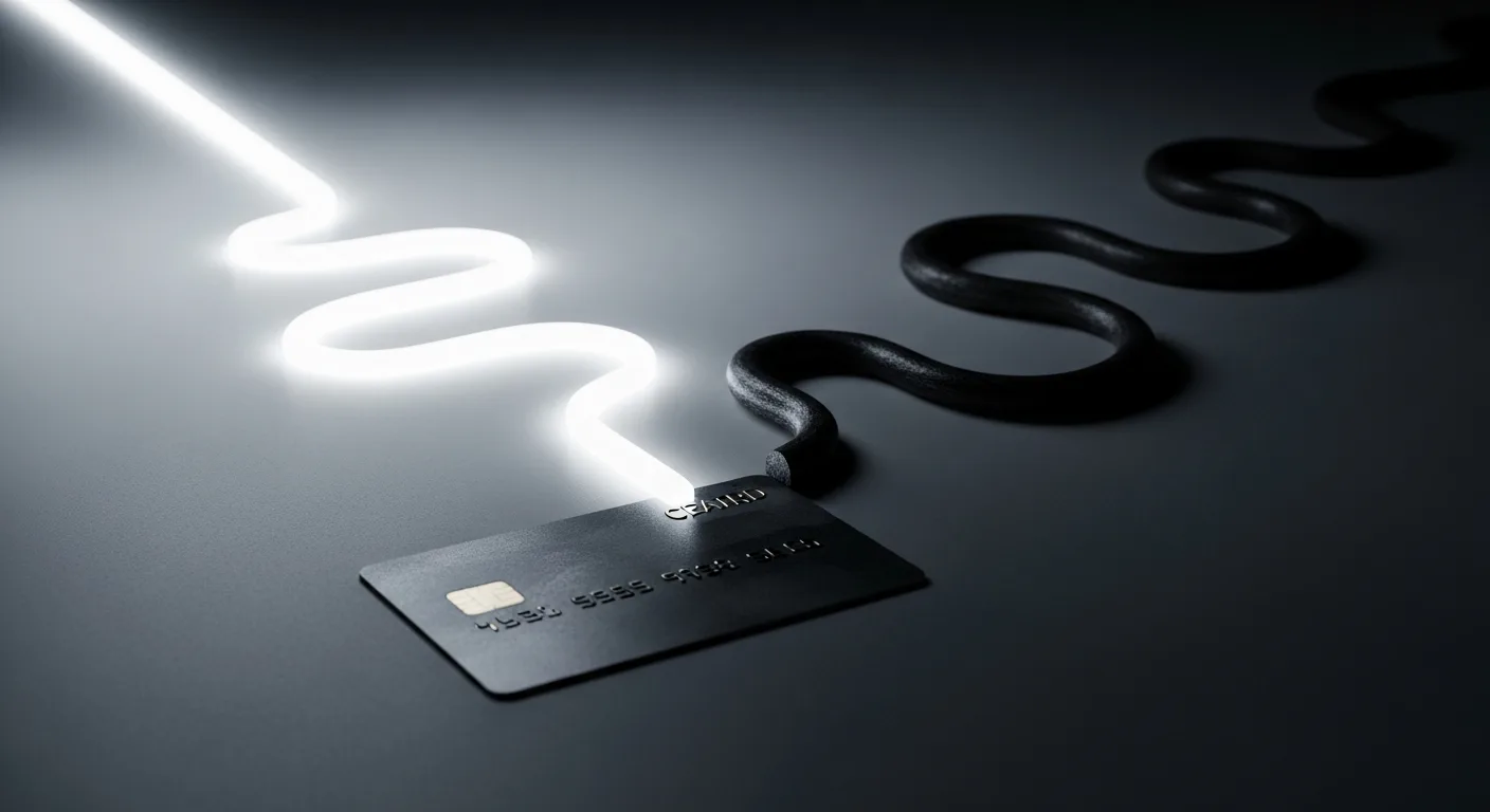 Two paths diverging from a credit card, one smooth and one winding
