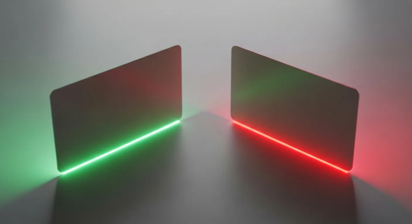 Two credit cards side by side, one with a green glow and one with red