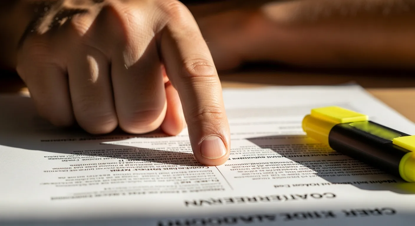 Man's hand pointing at terms on a credit card agreement with a highlighter