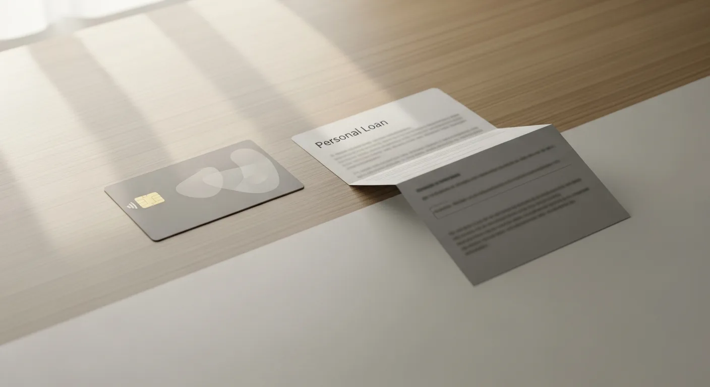 Credit card and loan document side by side on a desk for comparison