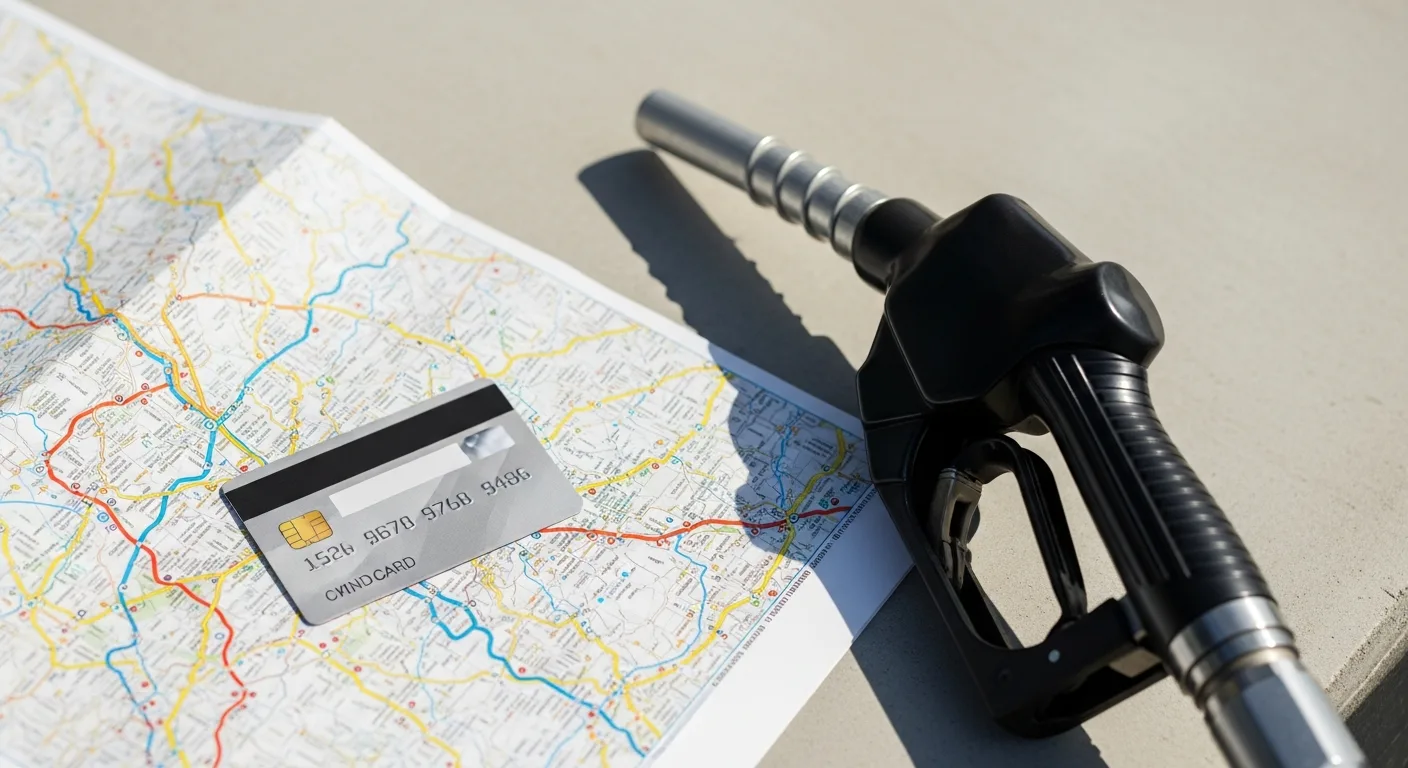 Close-up of a credit card next to a fuel pump nozzle and a road map