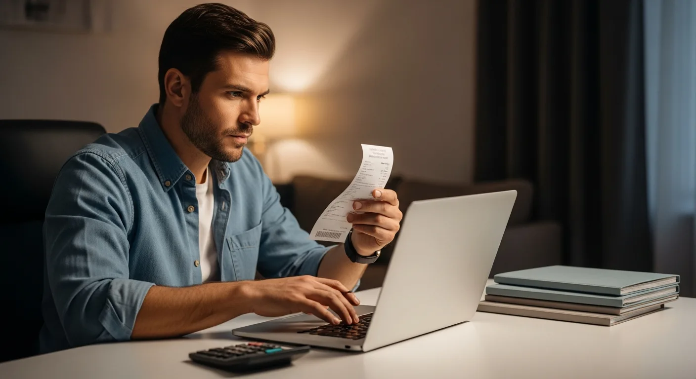 An adult man reviewing receipts at a home office desk with a laptop and calculator