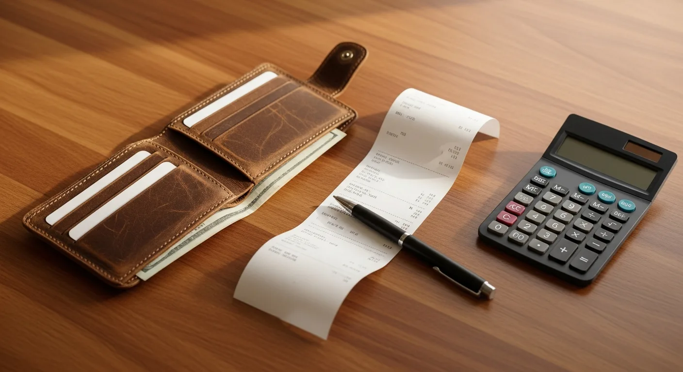 A wallet, a receipt, and a pen on a wooden desk beside a calculator