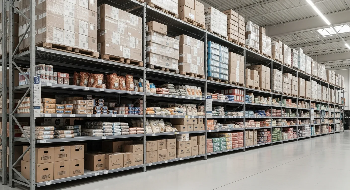 Bulk grocery items in cardboard boxes stacked neatly on warehouse store shelves