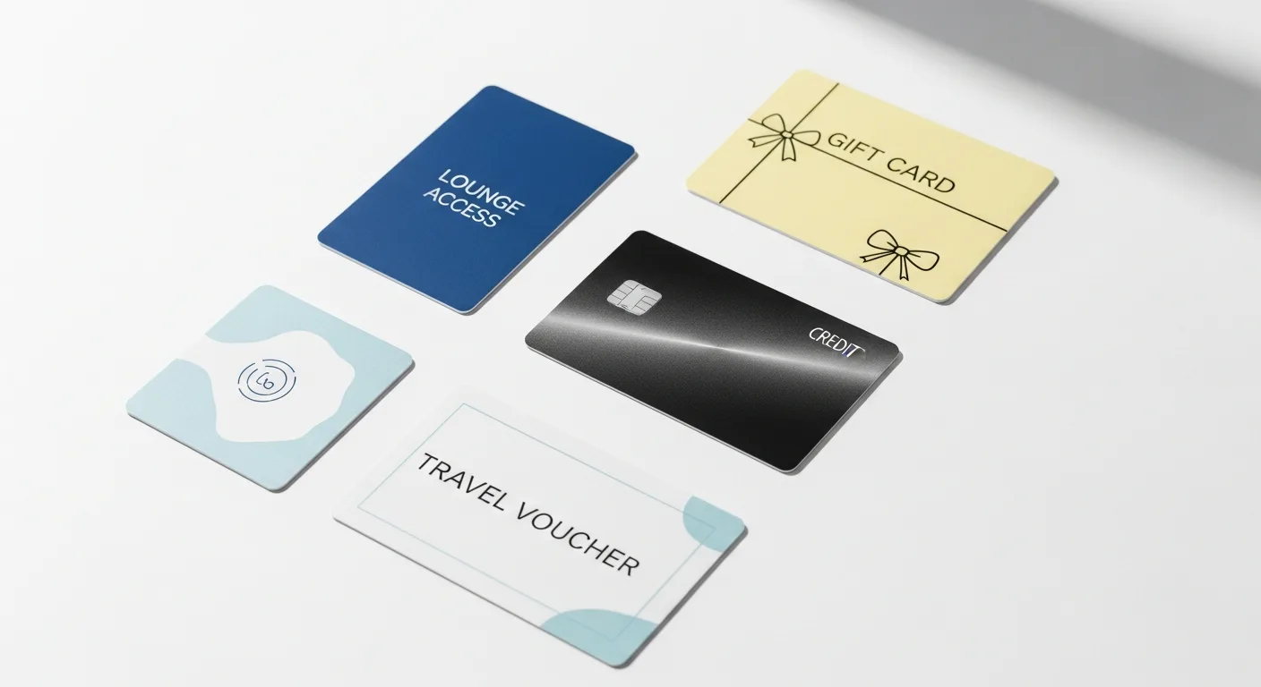 Premium credit card perks laid out flat including a lounge pass, travel credit voucher, and credit card