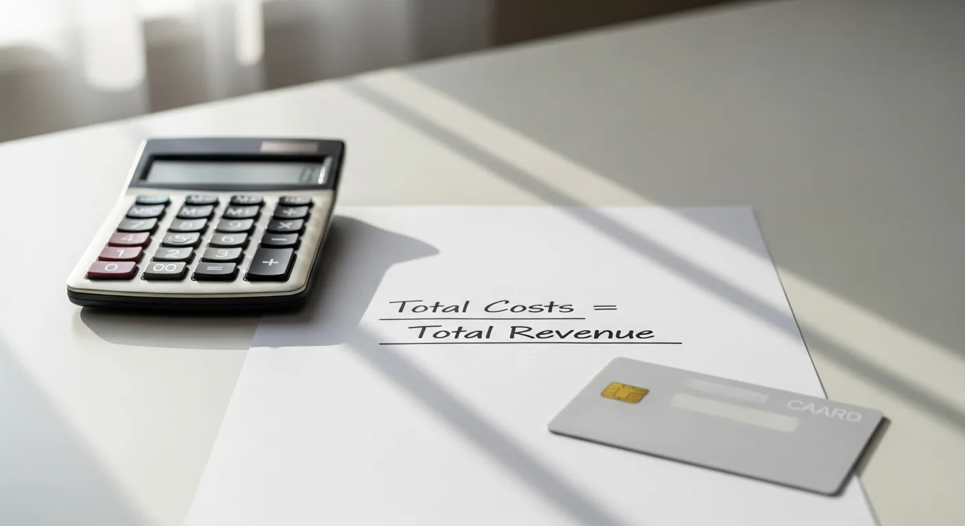 Calculator and credit card beside a handwritten break-even calculation on a white desk