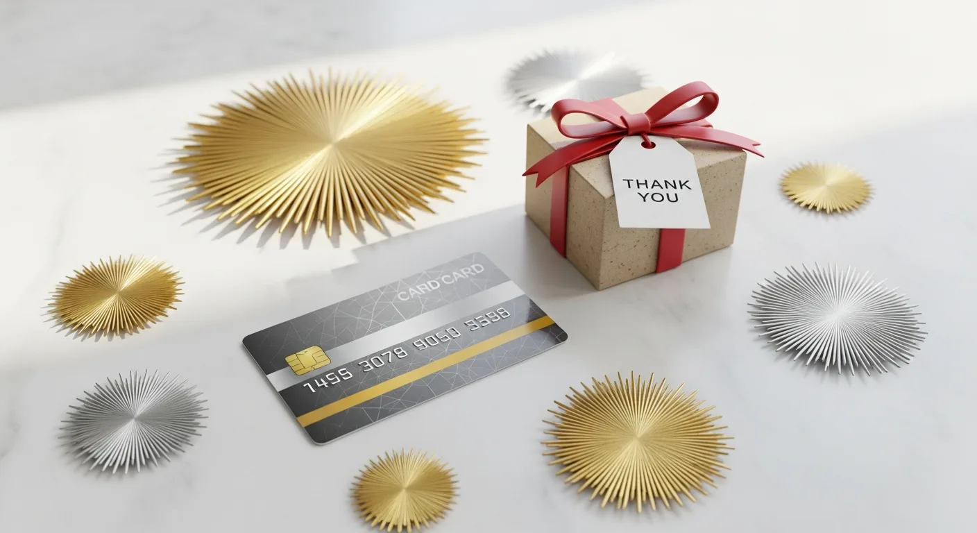 Credit card beside a gift box and reward stars on a clean white surface